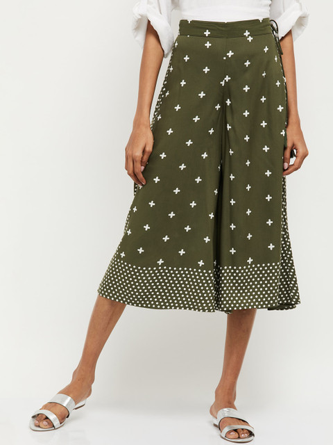 

max Women Green & White Regular Fit Printed Culottes