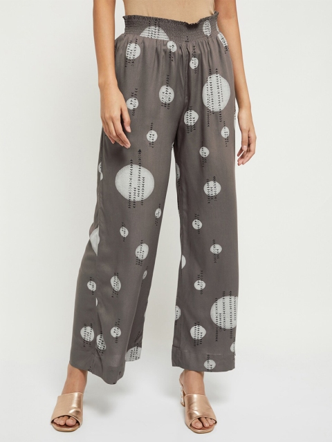 

max Women Grey & Off-White Printed Straight Palazzos