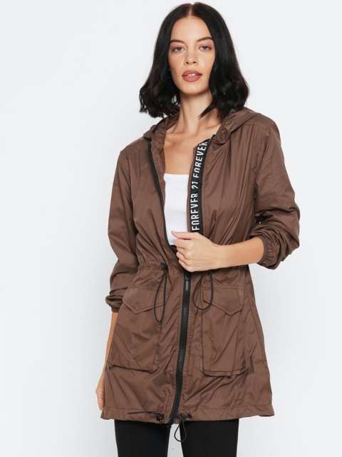 

FOREVER 21 Women Brown Solid Hooded Longline Tailored Jacket