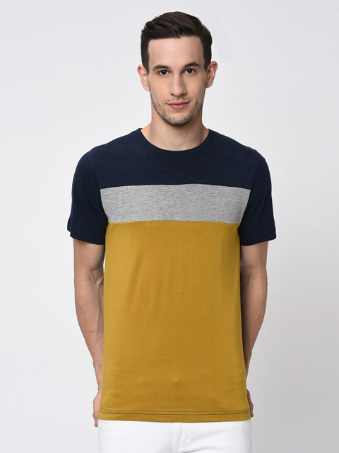 

Rigo Men Mustard Yellow Navy Blue Colourblocked Round Neck T-shirt