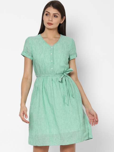 

Allen Solly Woman Women Green Pure Cotton Striped Fit and Flare Dress