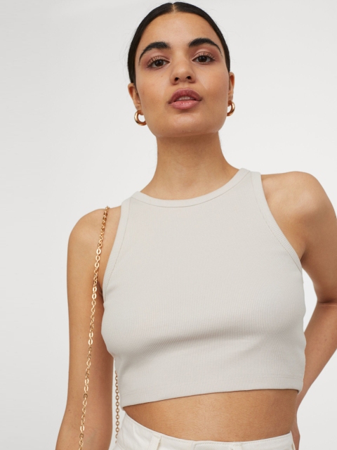 

H&M Women Beige Ribbed Cropped Top
