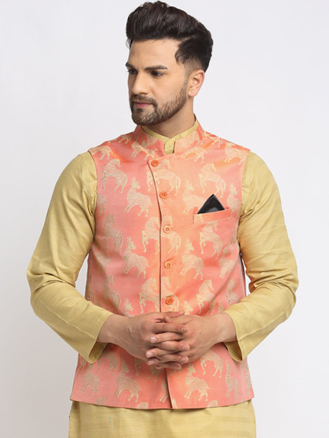 

NEUDIS Men Peach-Colored & Beige Printed Woven Design Jacquard Silk Nehru Jacket