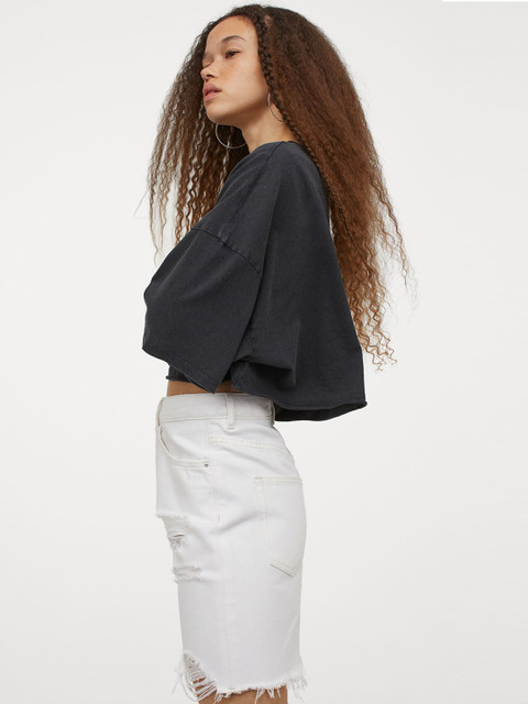 

H&M Women White Distressed Denim Skirt