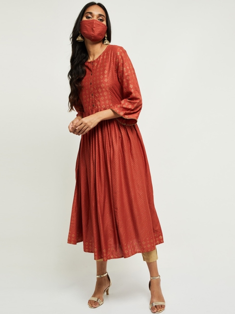 

max Women Rust Red & Gold-Toned Printed Flared Sleeves Anarkali Kurta & 2-Ply Cloth Mask