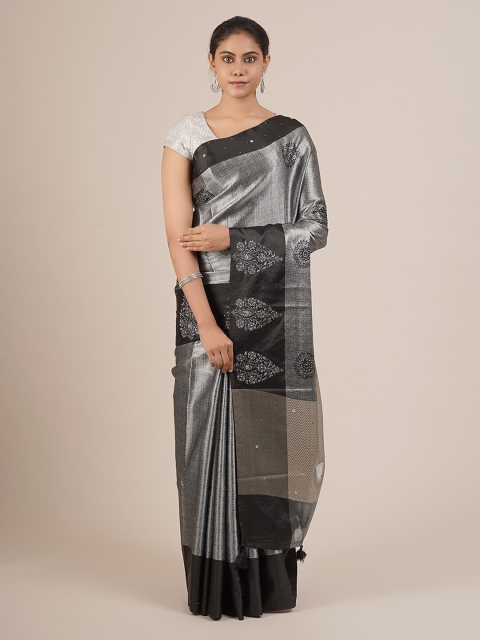 

Pothys Silver-Toned & Black Tissue Embroidered Saree