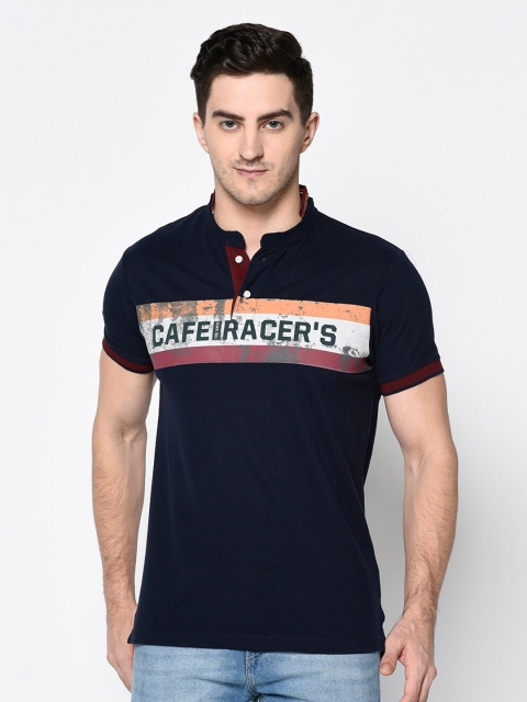 

Duke Men Navy Blue Printed Mandarin Collar Cotton T-shirt