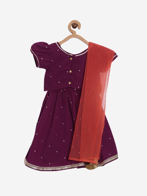 

Aomi Girls Purple & Silver-Toned Embellished Ready to Wear Lehenga & Blouse with Dupatta