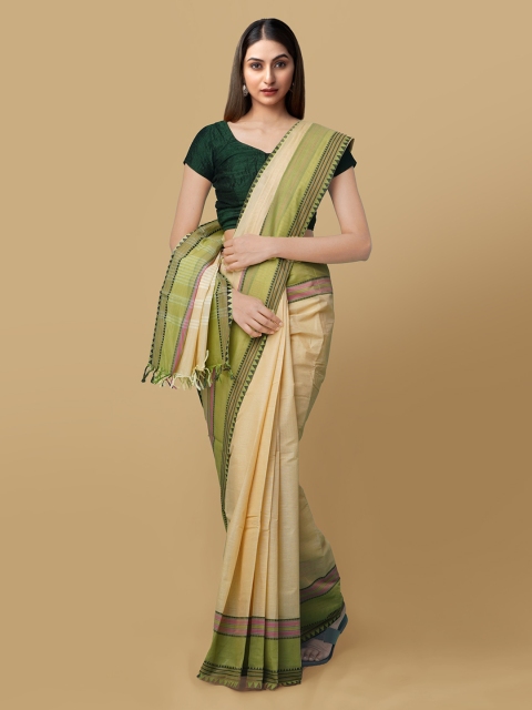 Unnati Silks Cream-Coloured & Green Pure Cotton Solid Uppada Saree