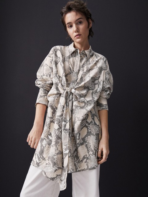 

H&M Beige Women Long Tie-Detail Shirt