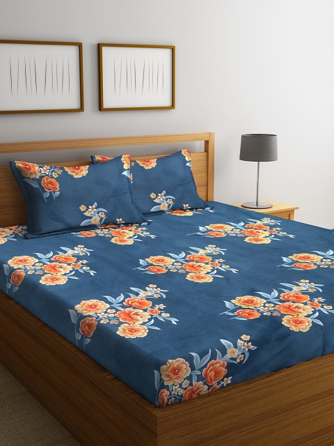

NEUDIS Blue & Orange Floral 180 TC Polycotton 1 King Bedsheet with 2 Pillow Covers