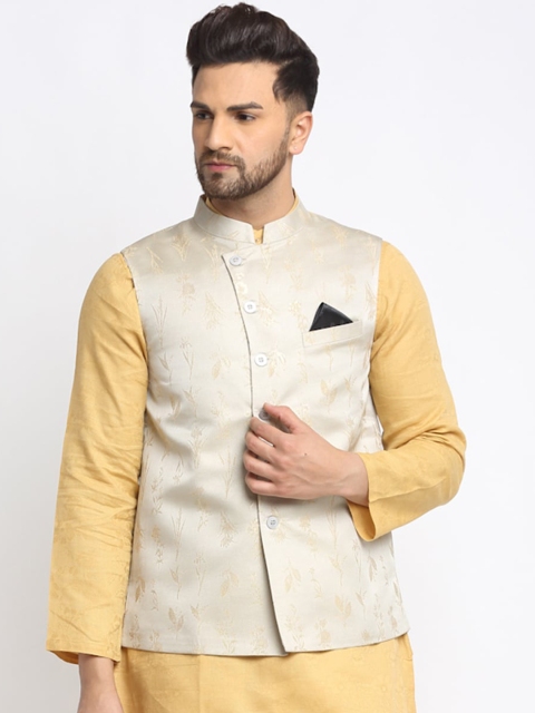 

NEUDIS Men Silver & Golden Printed Jacquard Woven Nehru Jacket