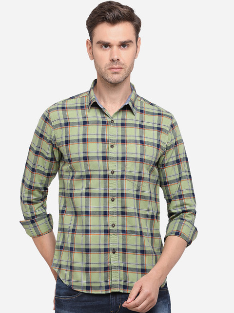 

Greenfibre Men Green & Navy Blue Slim Fit Checked Casual Shirt