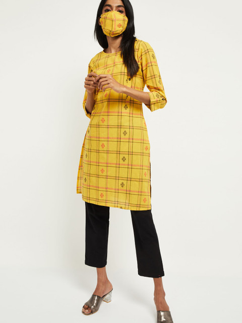 

max Women Yellow & Pink Checked Kurta & 2-Ply Cotton Cloth Mask