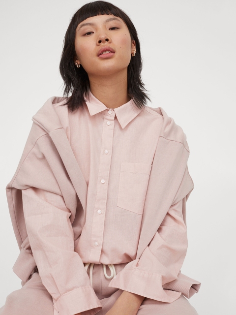 

H&M Women Pink Solid Linen-Blend Shirt