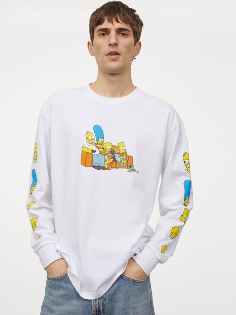 H&M Men White Printed Relaxed Fit Jersey Top