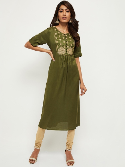 

max Women Embroidered Green Yoke Design Kurta