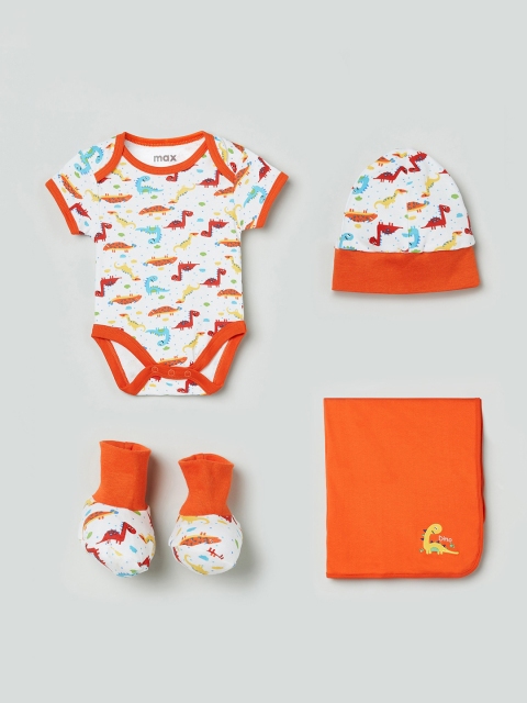 

max Boys White & Orange Printed Cotton Baby Apparel Gift Set
