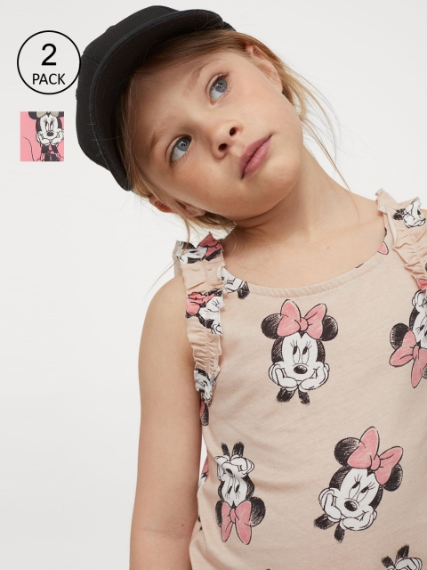

H&M Girls 2-Pack Beige & Pink Minnie Mouse Printed Cotton Vest Tops