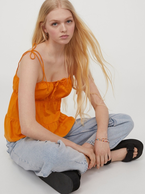 

H&M Women Yellow Solid Tie-Detail Top