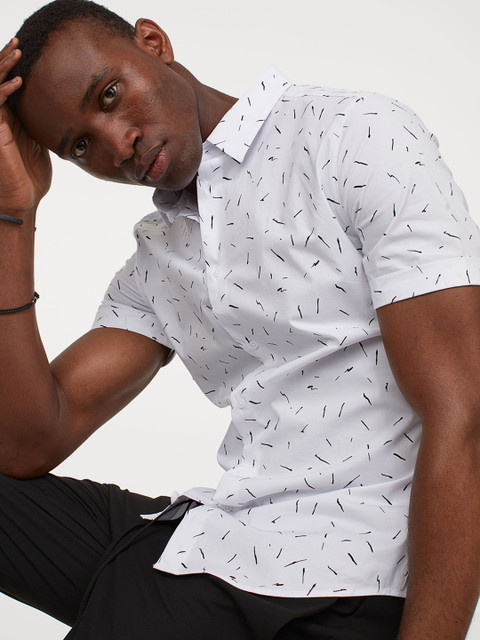 

H&M Men White & Black Printed Cotton Slim Fit Shirt