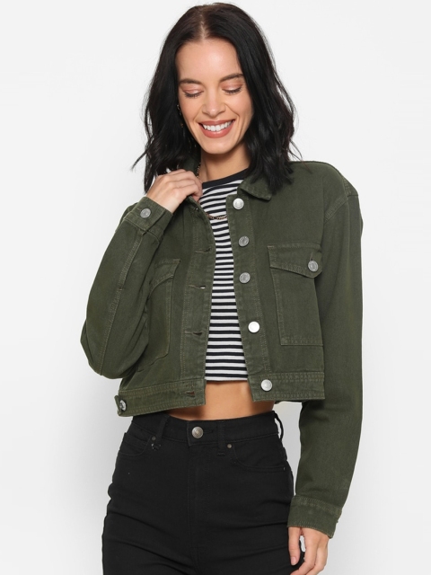

FOREVER 21 Women Olive Green Solid Pure Cotton Crop Denim Jacket