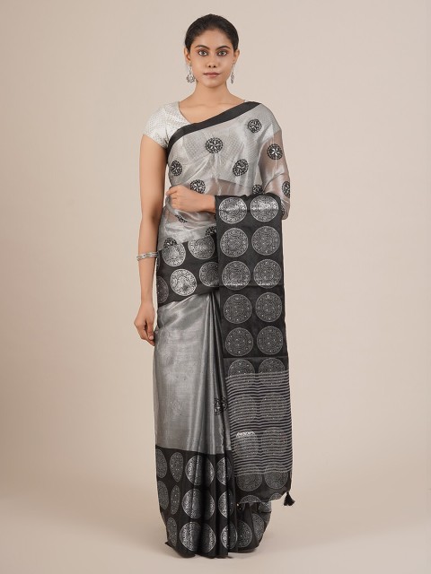 

Pothys Silver-Toned & Black Tissue Embroidered Saree