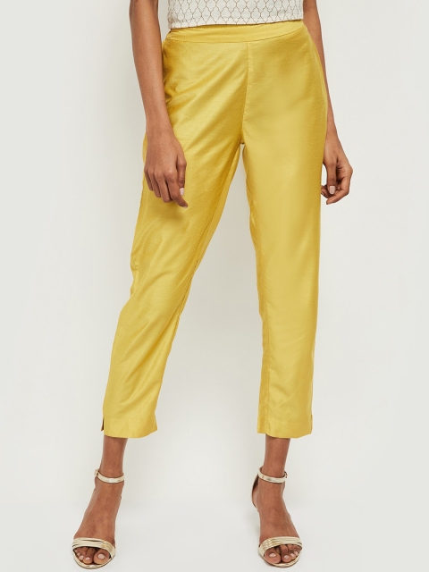 

max Women Mustard Yellow Regular Fit Solid Cigarette Trousers