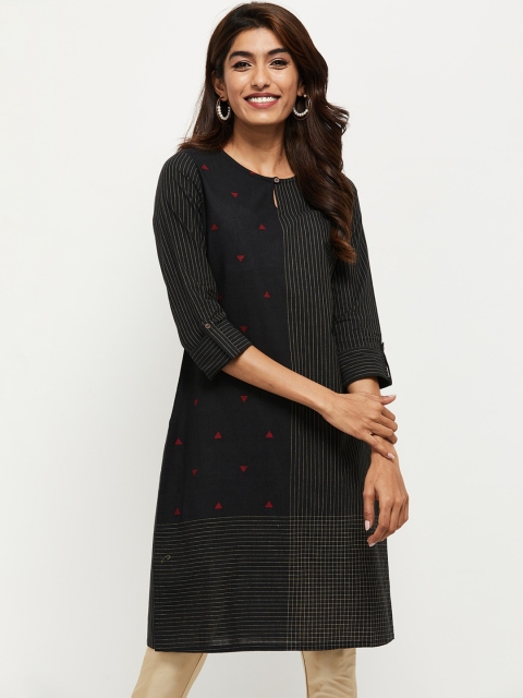 

max Women Black & Off White Striped Keyhole Neck Kurta