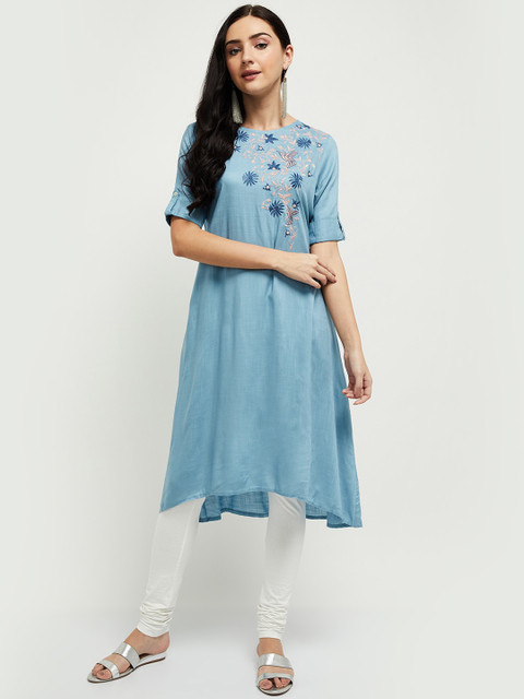 

max Women Blue & Off White Floral Yoke Design Thread Work Kurta