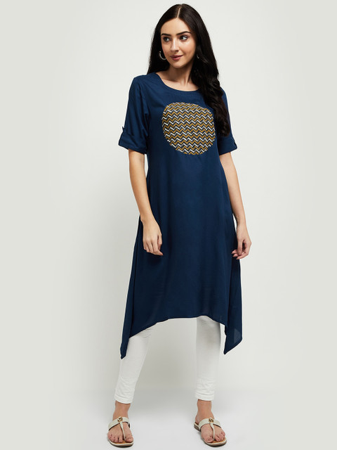 

max Women Blue & Off White Geometric Yoke Design Kurta