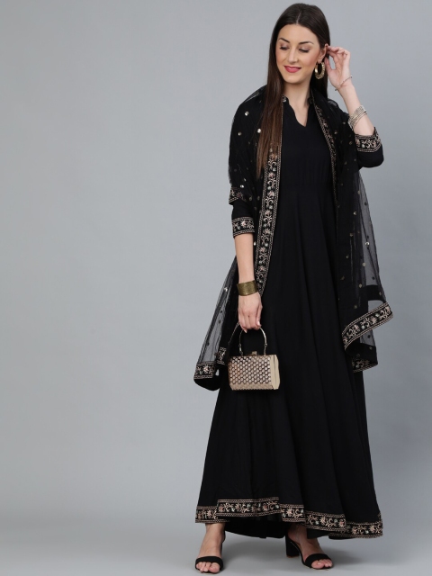 

Nayo Black Embroidered Fit and Flare Dress With Sequinned Dupatta