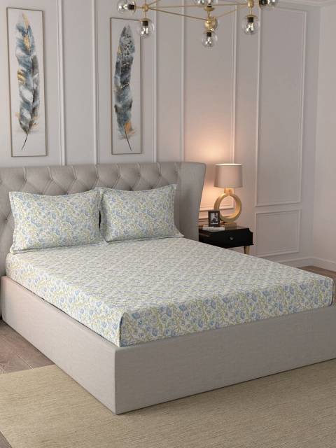 

In-House by maspar White & Blue Floral 144 TC Cotton 1 Queen Bedsheet with 2 Pillow Covers