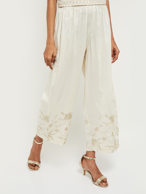 

max Women Off-White & Silver-Toned Hem Design Straight Palazzos
