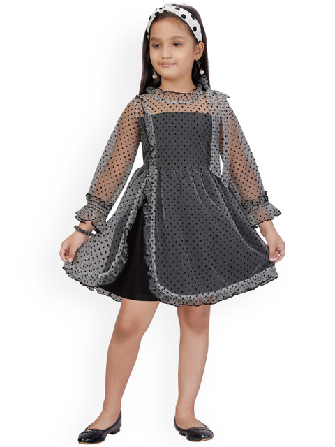 

Aarika Girls Black Polka Dot Print Net Layered A-Line Dress