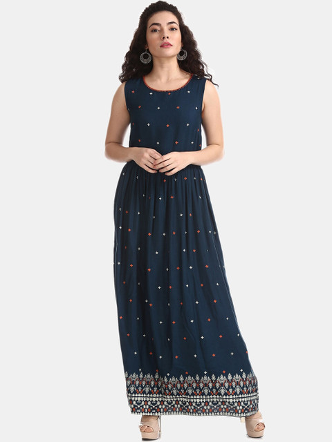 

Bronz Women Navy Blue Printed Maxi Dress
