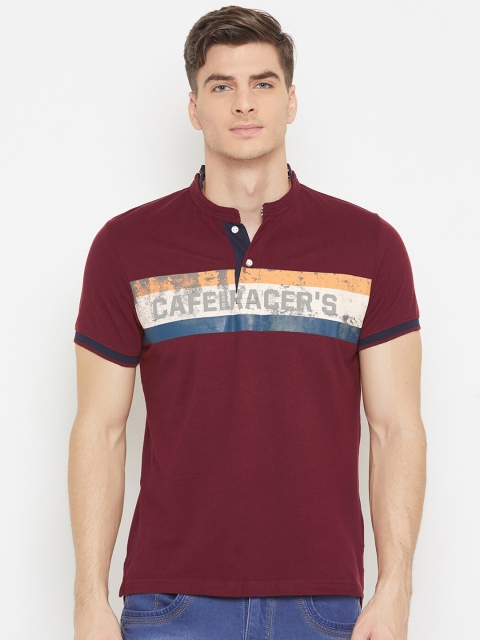 

Duke Men Maroon Printed Mandarin Collar Cotton T-shirt