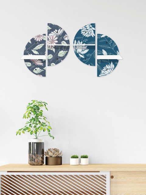 

RANDOM Set of 4 Multicoloured Printed MDF Semi Circular Wall Shelf with White Plates, Multi