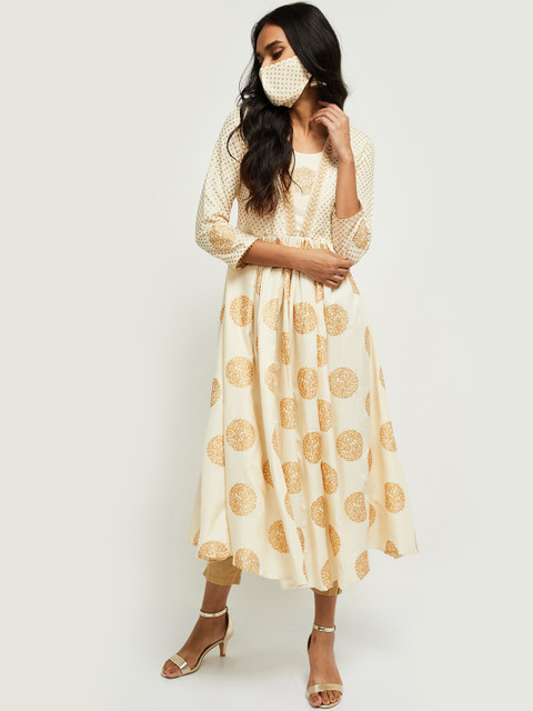 

max Women Cream-Coloured & Gold Ethnic Motifs Printed Anarkali Kurta & 2-Ply Cloth Mask