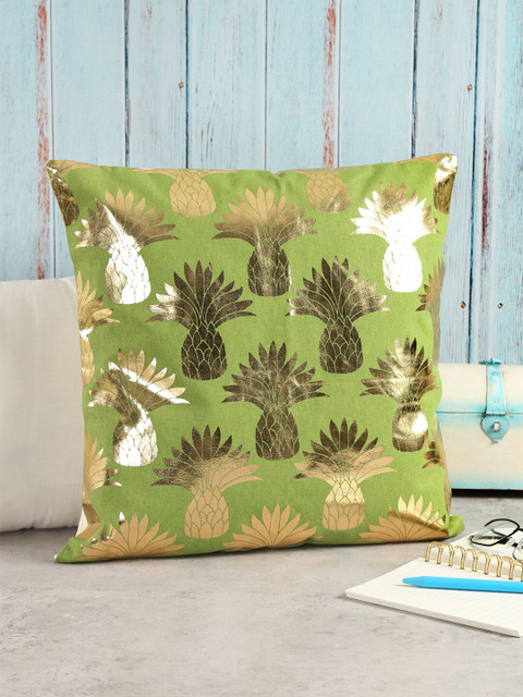 

India Circus by Krsnaa Mehta Single Green & Gold-Toned Pineapple Foil Square Cushion Cover