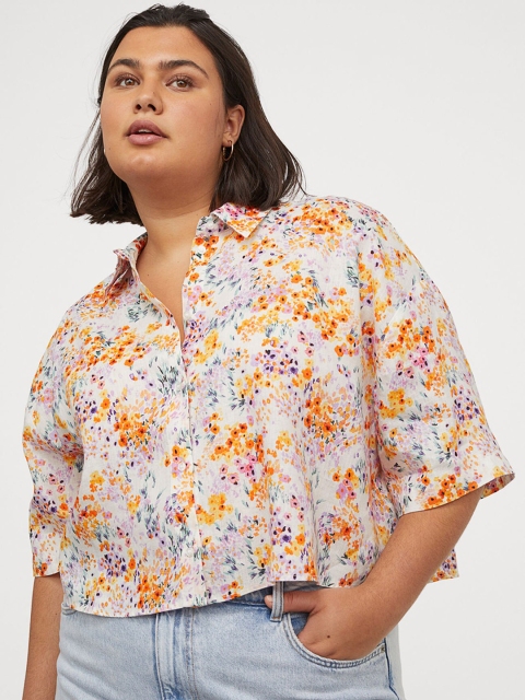 

H&M Plus Women Multicoloured Cropped Linen Shirt, Multi