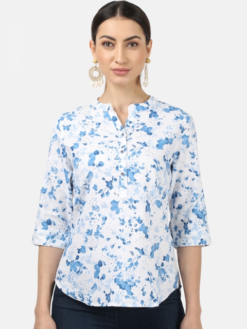 

Monte Carlo White & Blue Floral Printed Mandarin Collar Shirt Style Top