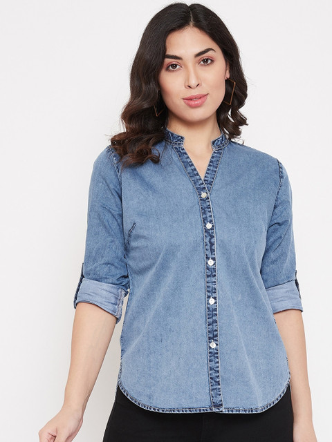

Ruhaans Women Blue Regular Fit Solid Casual Denim Shirt