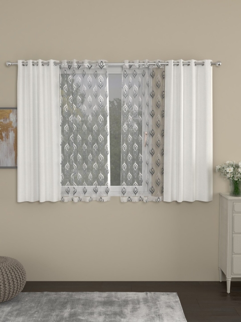 

ROSARA HOME White & Grey Set of 4 Regular & Sheer Window Curtains
