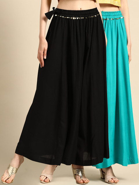 

TAG 7 Women Black & Sea Green Solid Flared Palazzos