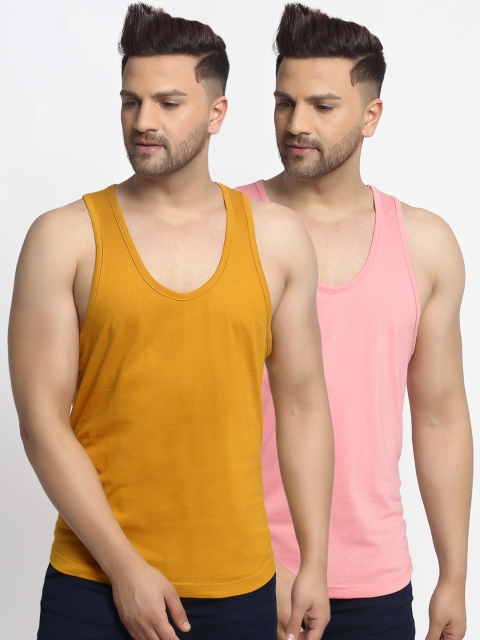 

Friskers Men Pack Of 2 Solid Apple Cut Gym Vests, Mustard