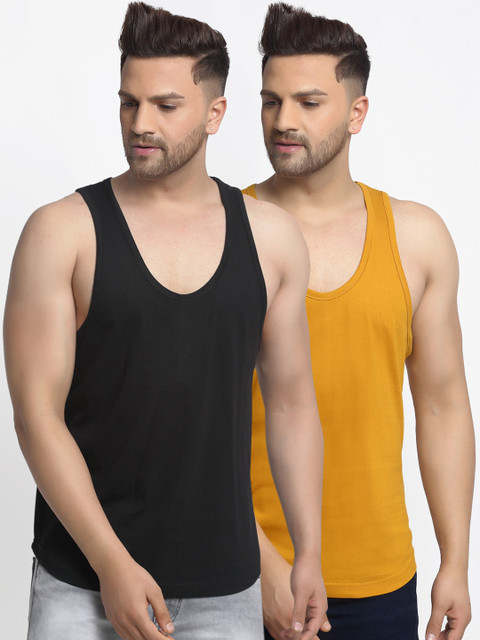 

Friskers Men Pack Of 2 Solid Apple Cut Gym Vest, Black