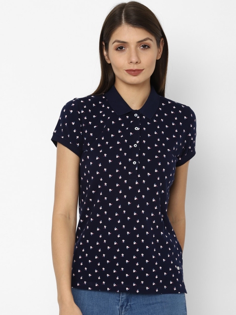 Allen Solly Woman Women Navy Blue Printed Polo Collar Cotton T-shirt