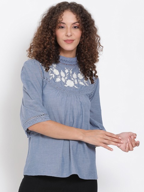 

Oxolloxo Blue Floral Embroidered A-Line Top