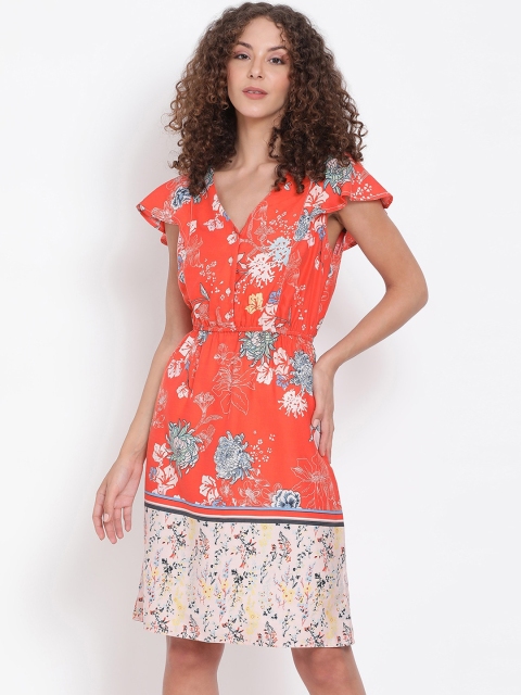 

Oxolloxo Women Orange Printed Fit and Flare Dress